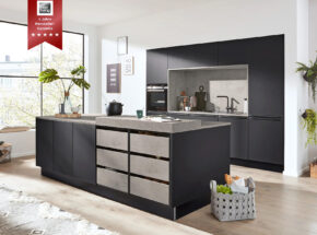 Interliving Kueche 3047 Inselkueche Schwarz Softmatt Theke Beton Siemens Kuechengeraete M99721300836479
