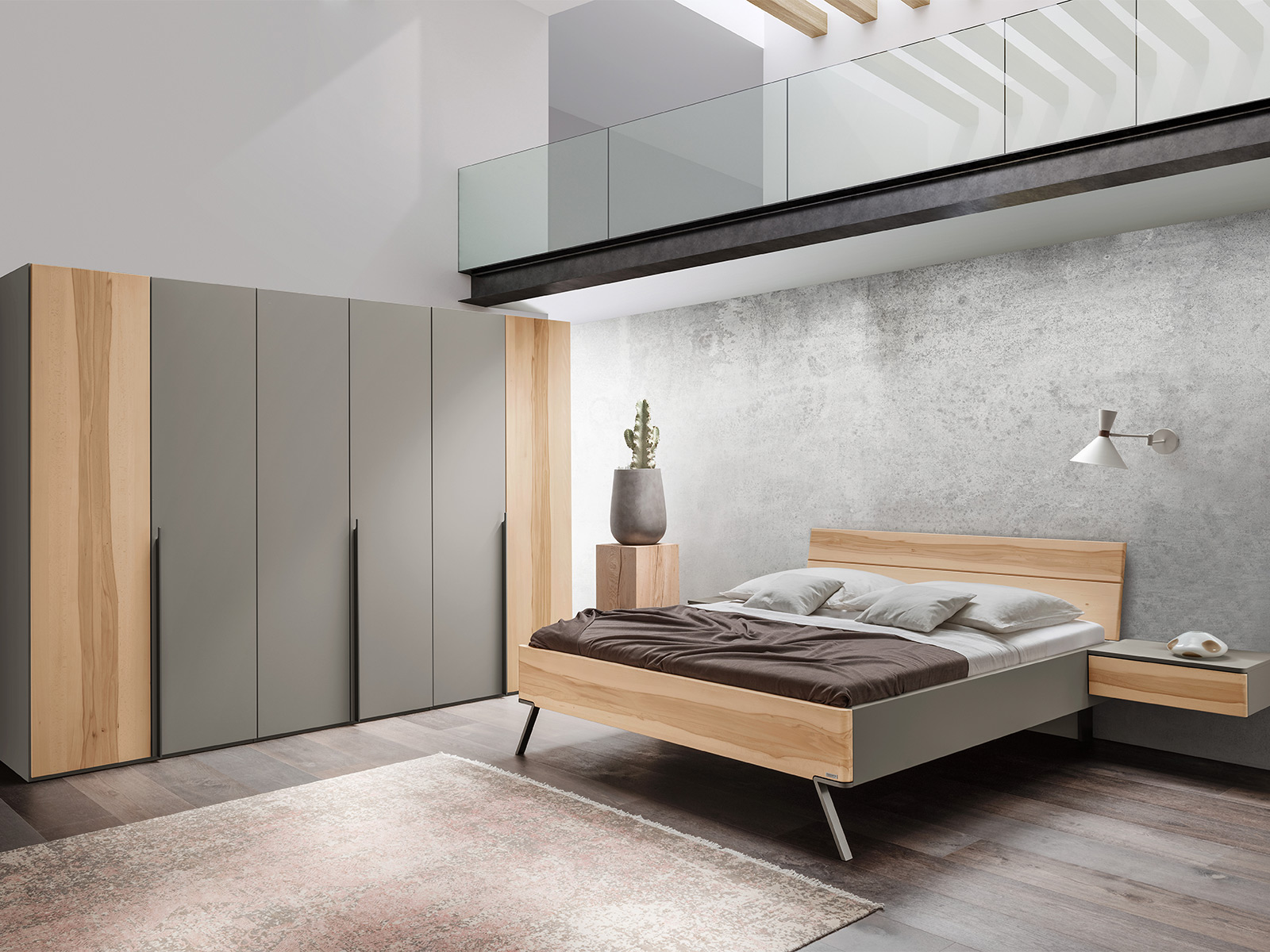 Schlafzimmer mit Lack- und Wildeichefront