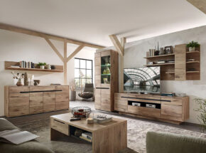 Wohnkombination bestehend aus Vitrine, TV-Lowboard und Wandregal in Viking Oak Nature Opitik