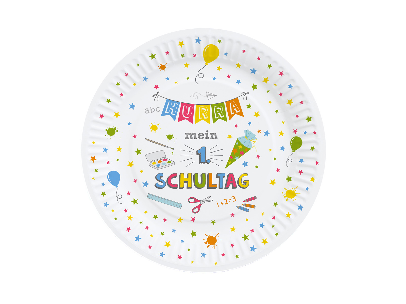 Pappbecher für die Einschulungsparty mit Aufschrift: Hurra, mein 1. Schultag