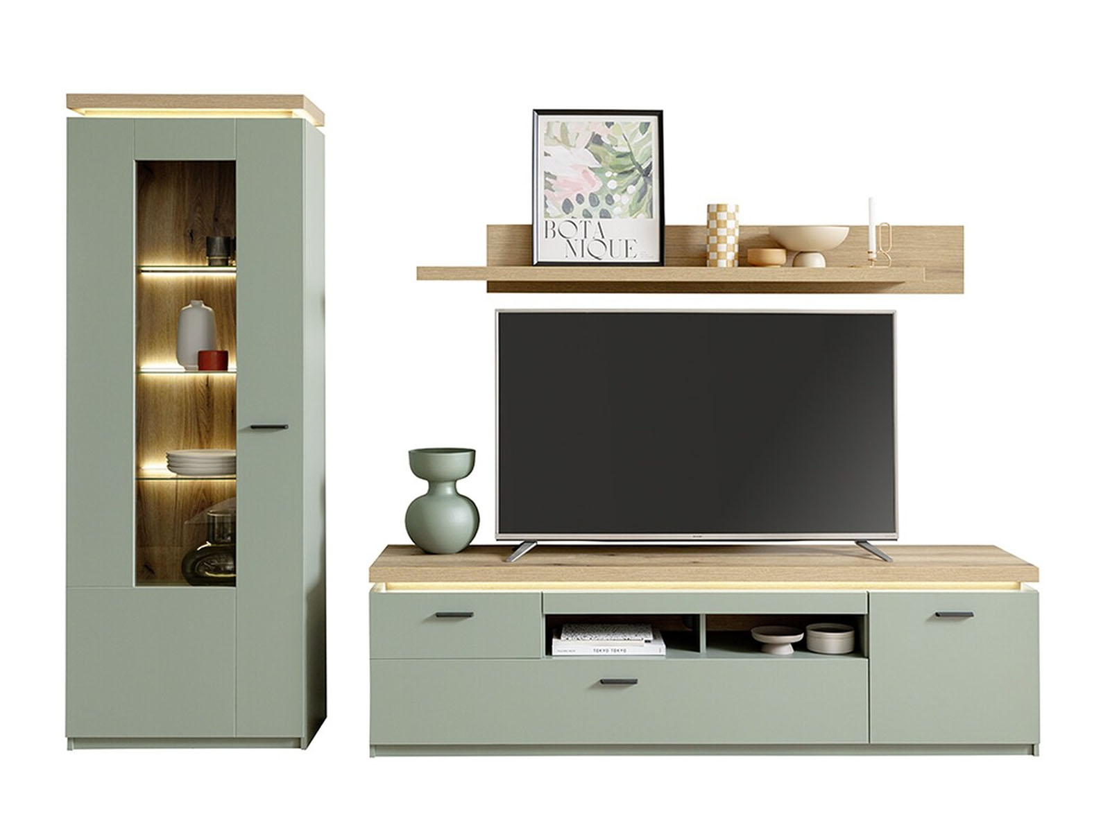 Wohnkombination in Salbei Gruen Eiche Optik. Besteht aus Vitrine, TV-Lowboard und Wandboard