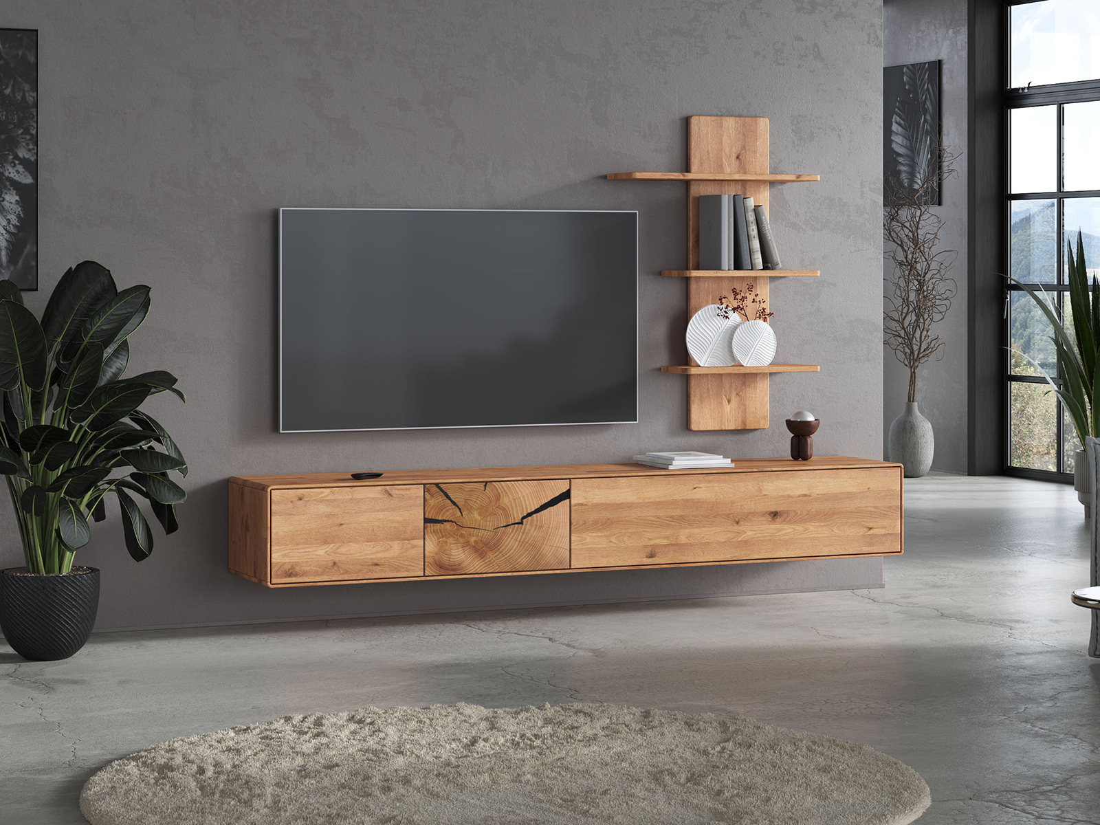 Wohnwand TV Kombination aus massivholz mit Lowboard und Wandregal