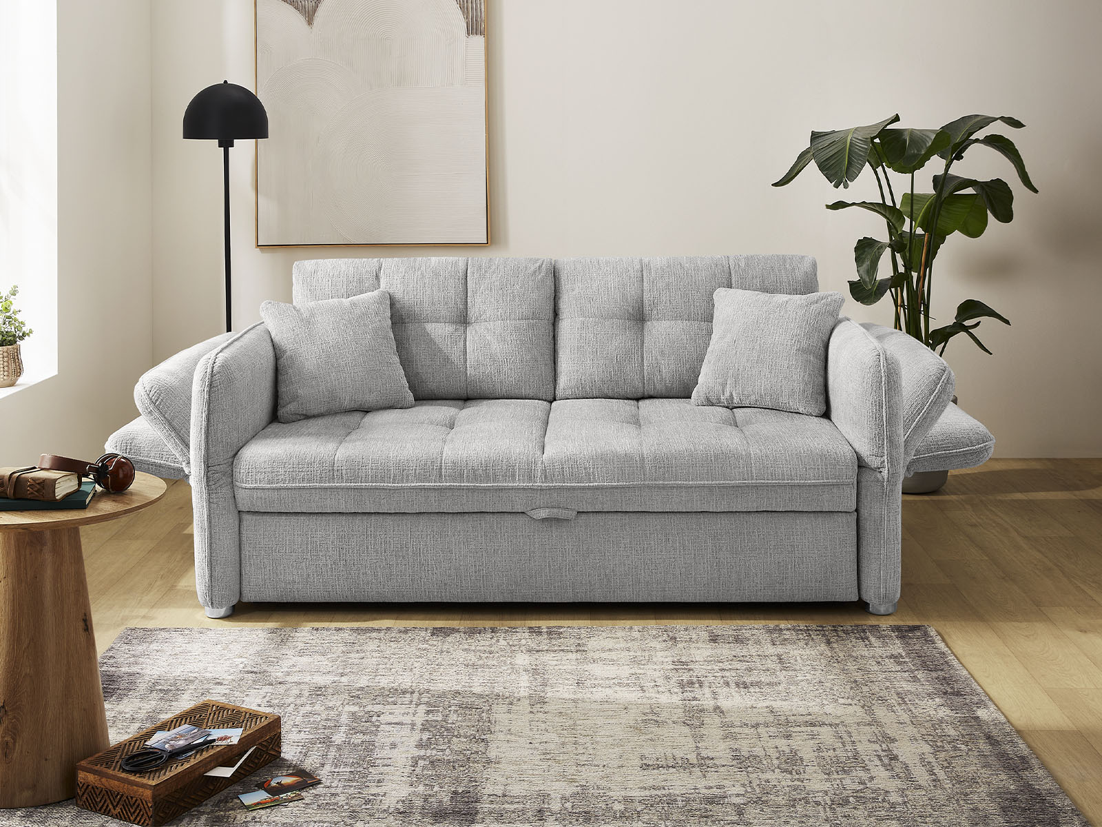 Hellgraues Funktionsschlafsofa Mit Wellenfederung 2 Rueckenkissen Und 2 Zierkissen 11710276 01