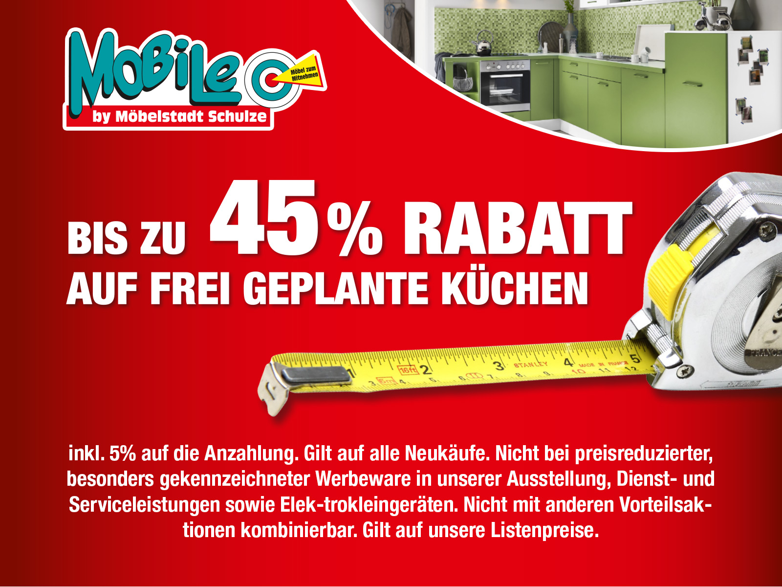 Bis zu 45 Prozent Rabatt auf frei geplante Küchen im Mobile. Diese sind individuell planbar.