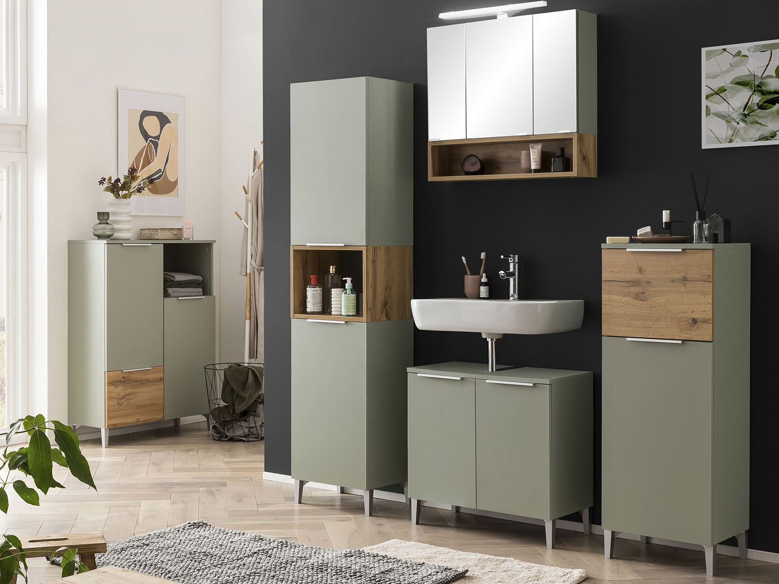 Modernes Bad Front Und Korpus Pistaziengruen Akzentfarbe Eiche Nachbildung Mit Highboard Spiegelschrank Waschtisch Mit Unterschrank Und Hochschrank 1172