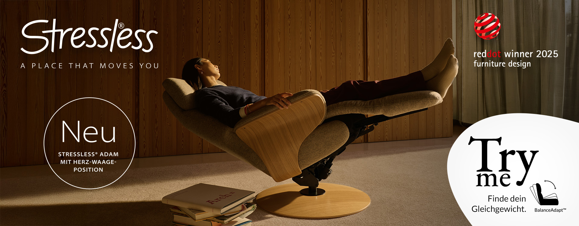 Stressless Neu Adam mit Herz-Waage-Position. reddot winner 2025 furniture design mit balanceadapt.