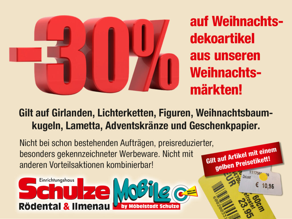 30 Prozent Rabatt auf Weihnachtsdekoartikel mit dem gelben Preisetikett