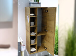 Geoeffneter Hochschrank Von Pelipal Bad In Eiche Quer Oxid Dunkelgrau Optik Mit Lederschlaufe Als Griff 02820364