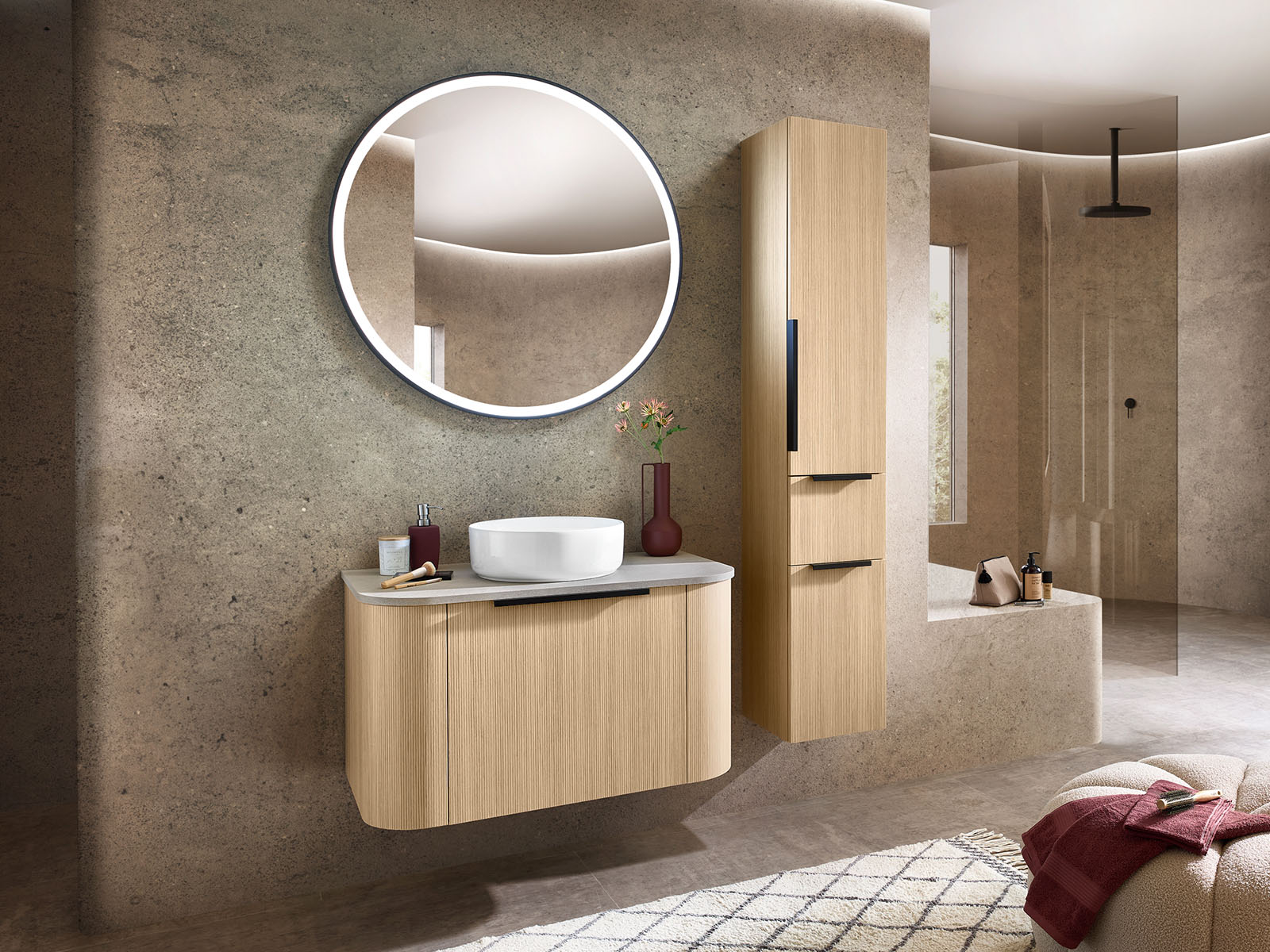 Pelipal Badeinrichtung Linea Eiche Hell Mit Rundem Funktionsspiegel Und Keramik Aufsatzbecken Und Waschtischunterschrank 02820375 01
