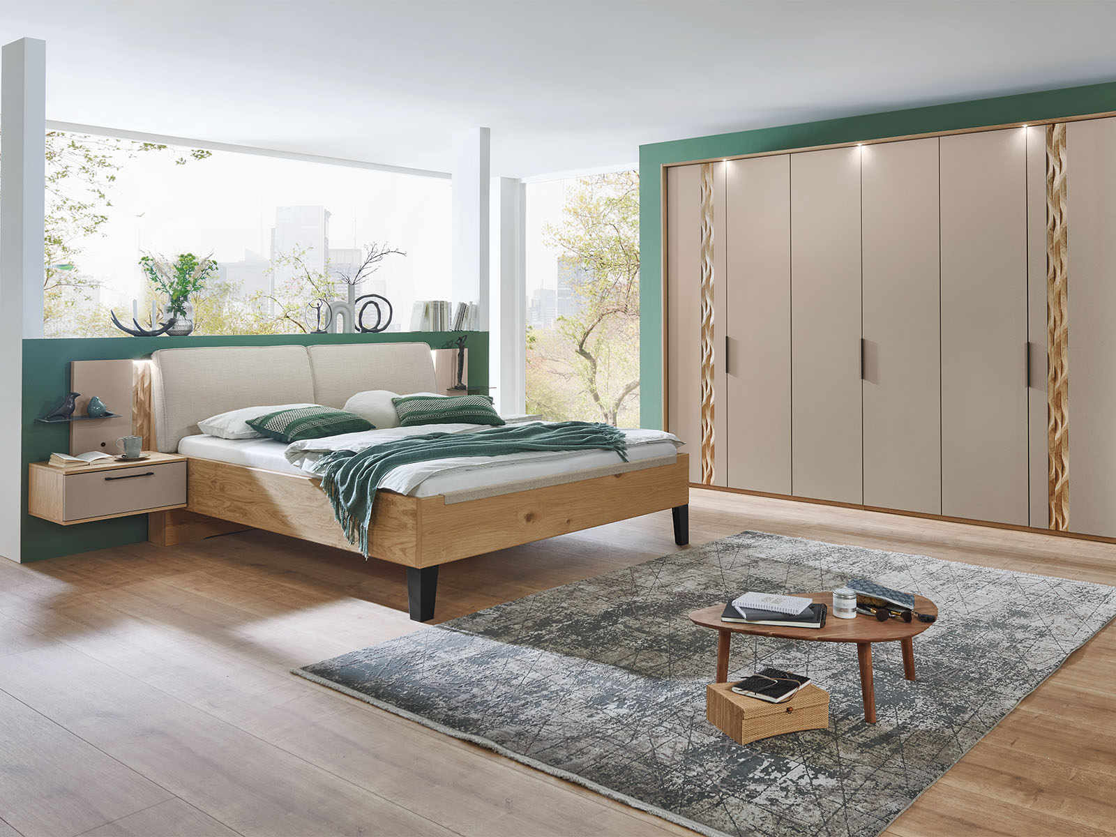 Schlafzimmer Mit Kleiderschrank Mit Wellenprofil Und Bettanlage Mit Polsterkopfteil Farbkombi Balkeneiche Taupe Lackiert 01180037