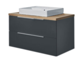 Waschtisch Unterschrank Lack Karbon Hochglanz Mit Chrom Griffleiste Mit Waschtischplatte Eiche Und Aufsatzwaschtisch Von Interliving Badkombination 3701  71770001