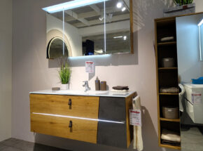 Waschtischunterschrank Und Spiegelschrank Von Pelipal Badkombi In Eiche Quer Oxid Dunkelgrau Optik Mit Lederschlaufe Als Griff 02820364