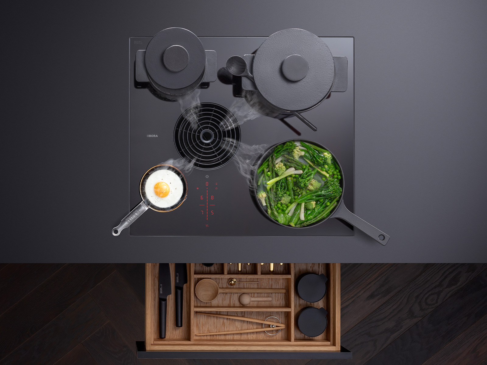 Bora S Pure Induktions Kochfeld Mit Integriertem Kochfeldabzug Pursu Mit Umluft 15470210 21 Bora Spure Stauraum Spiegelei