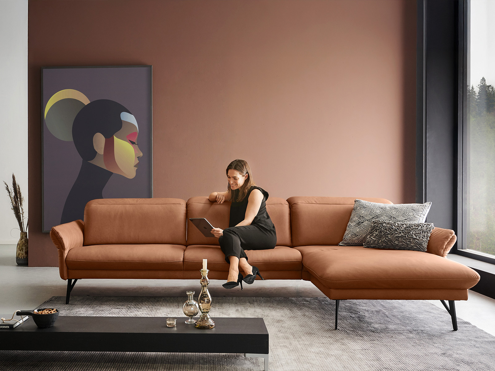 Himolla Eckkombination Echt Lederbezug Farbe Brandy Mit Metallfuss Schwarz 02180182