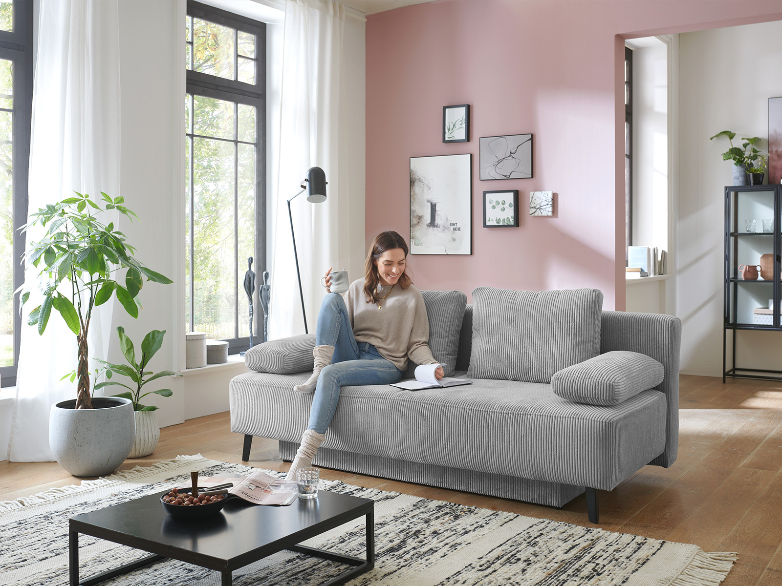 Verwandlungssofa Schlafsofa Querschlaefer Mit Bettkasten Bezug Cord Grau Metallfuss Schwarz 14210160 