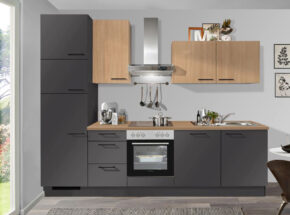 Kuechenzeile Farbe Grafit Mit Haenger Und Arbeitsplatte In Eiche Aviva Optik Mit Spuele Und E Geraeten M45222320339