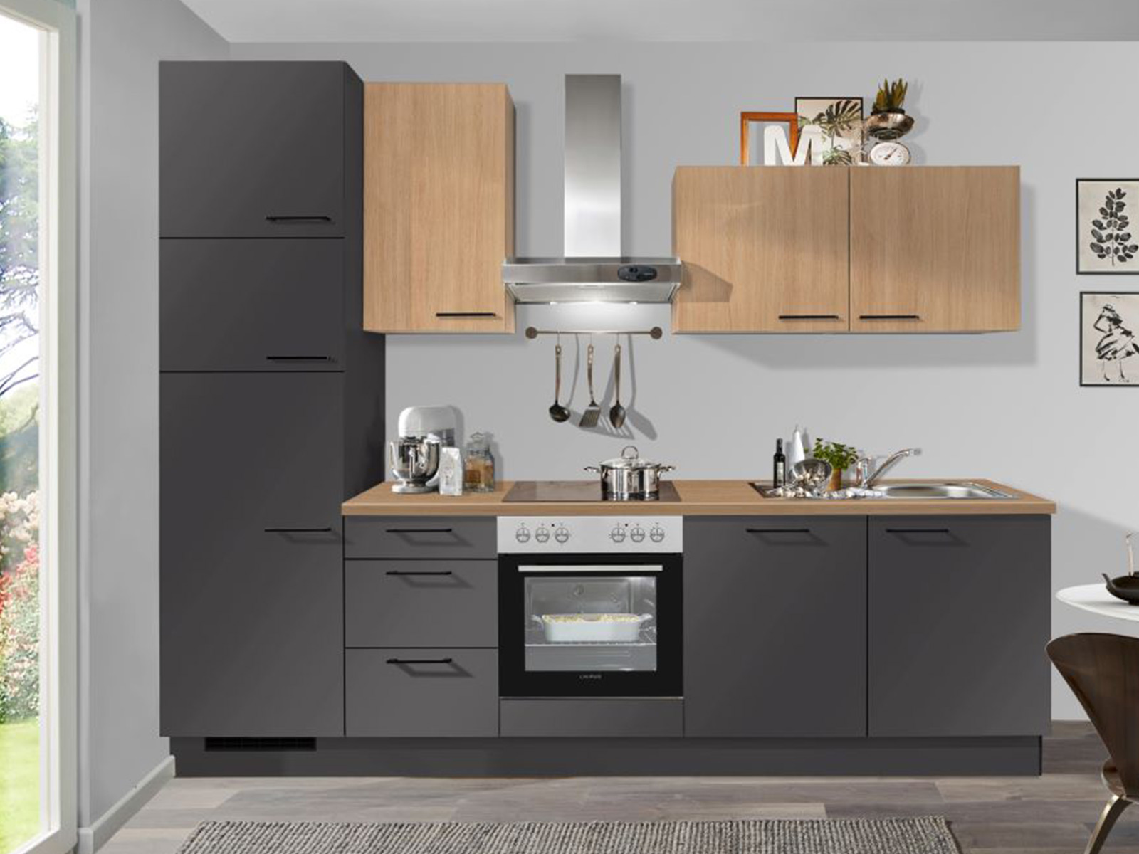 Kuechenzeile Farbe Grafit Mit Haenger Und Arbeitsplatte In Eiche Aviva Optik Mit Spuele Und E Geraeten M45222320339