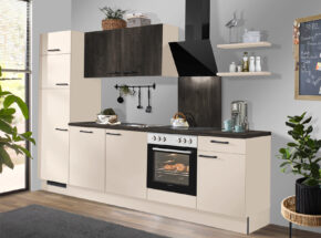 Kuechenzeile In Kaschmirgrau Mit Haengern Und Arbeitsplatte In Dunkler Lava Optik Mit Kuechengeraeten M4522232033998