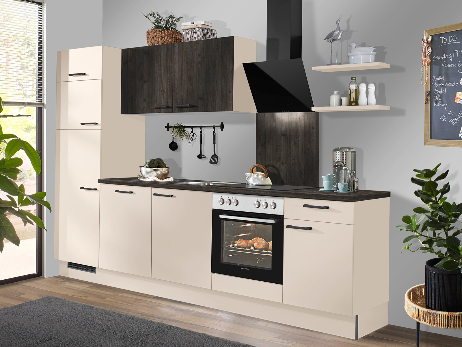 Kuechenzeile In Kaschmirgrau Mit Haengern Und Arbeitsplatte In Dunkler Lava Optik Mit Kuechengeraeten M4522232033998
