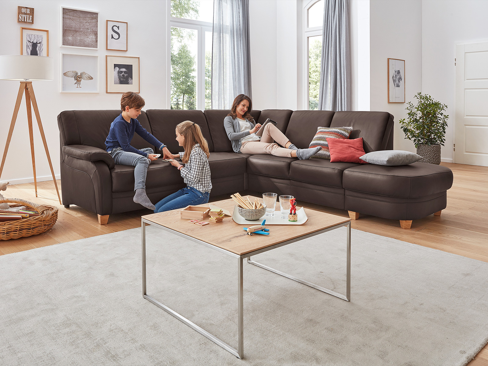 Modulmaster Eckkombination Ecksofa Echt Leder Farbe Torro Schoko Mit Holzfuss Eiche Bianco 13840012 03