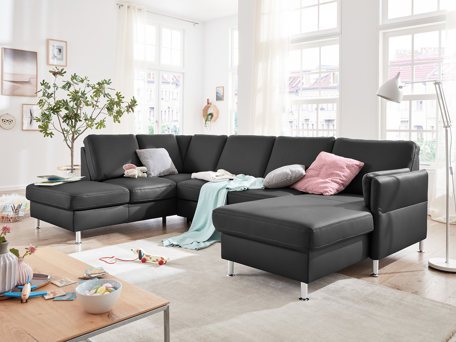 Modulmaster Polstergarnitur Echt Leder Farbe Anthrazit Mit Metallfuss Alufarbig 13840073