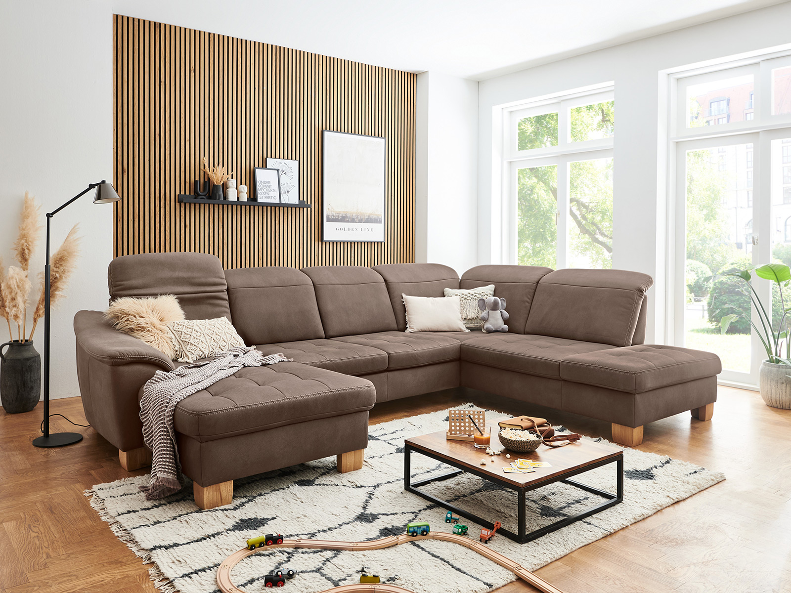 Modulmaster Sofa Wohnlandschaft Bezugstoff Mammut Nougat Mit Kontrastnaht Beige Und Holzfuss Wildeiche 03860172 01