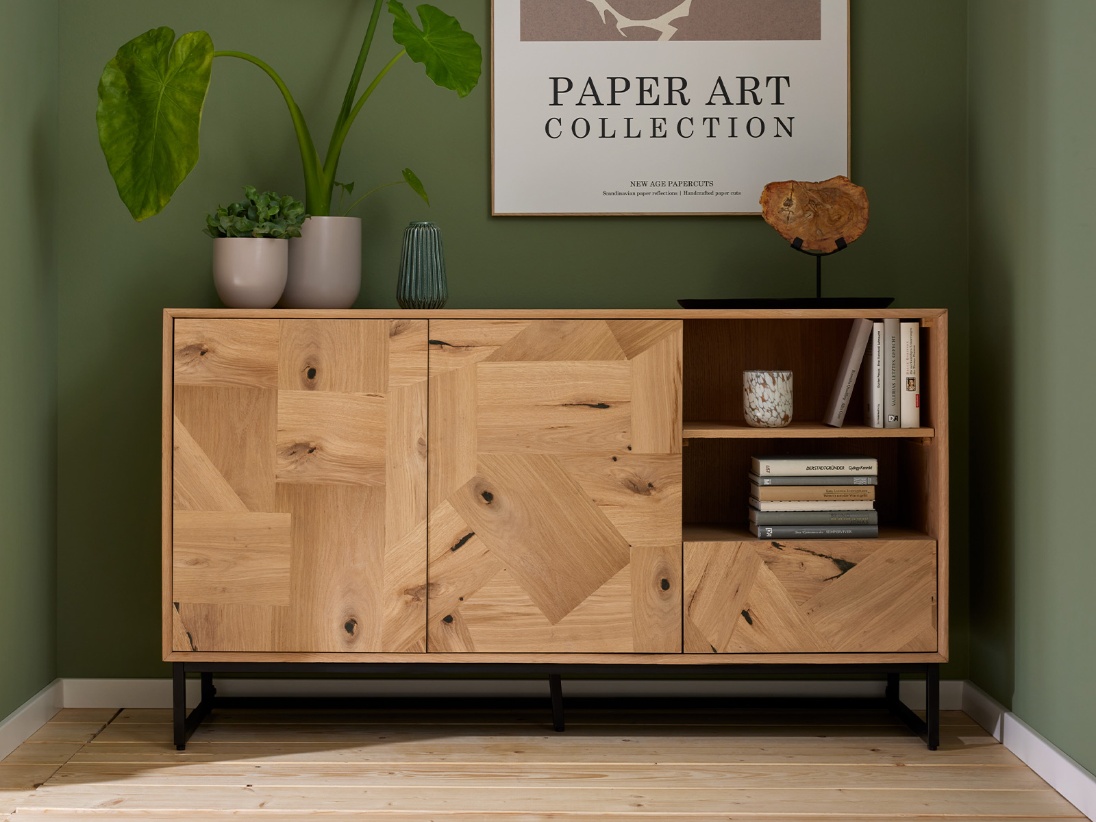 Roomio 2002 Sideboard Eiche Echtholzfurnier Natur Front Patchwork Design Zirka B140xH78xT42cm 22010003 01