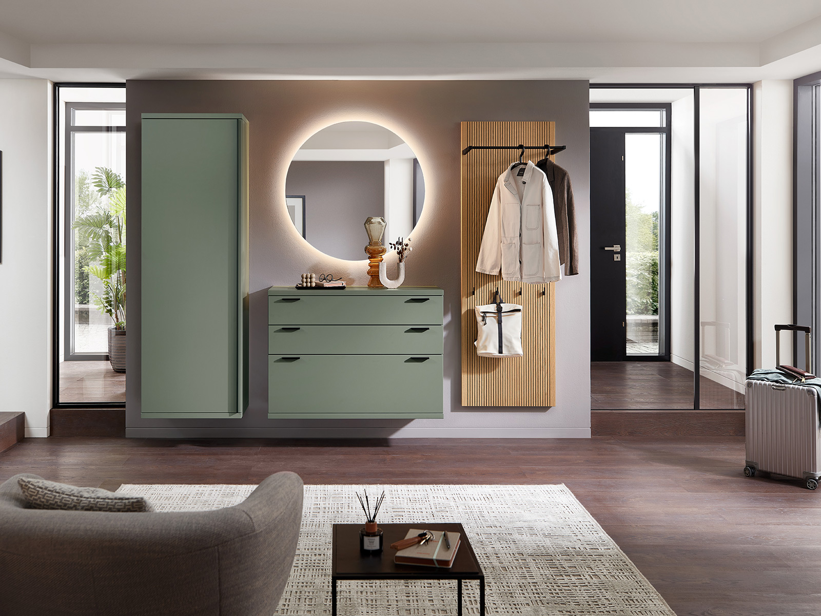 Varianta Garderobenkombination Venue Mit Haenge Schrank Kommode Und Garderobenpaneel Und Wandspiegel Rund 04010015 65