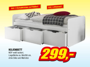 Kojenbett Mdf Weiss Lackiert Inklusive 3 Schubkaesten Auf Rollen Und Lattenrost