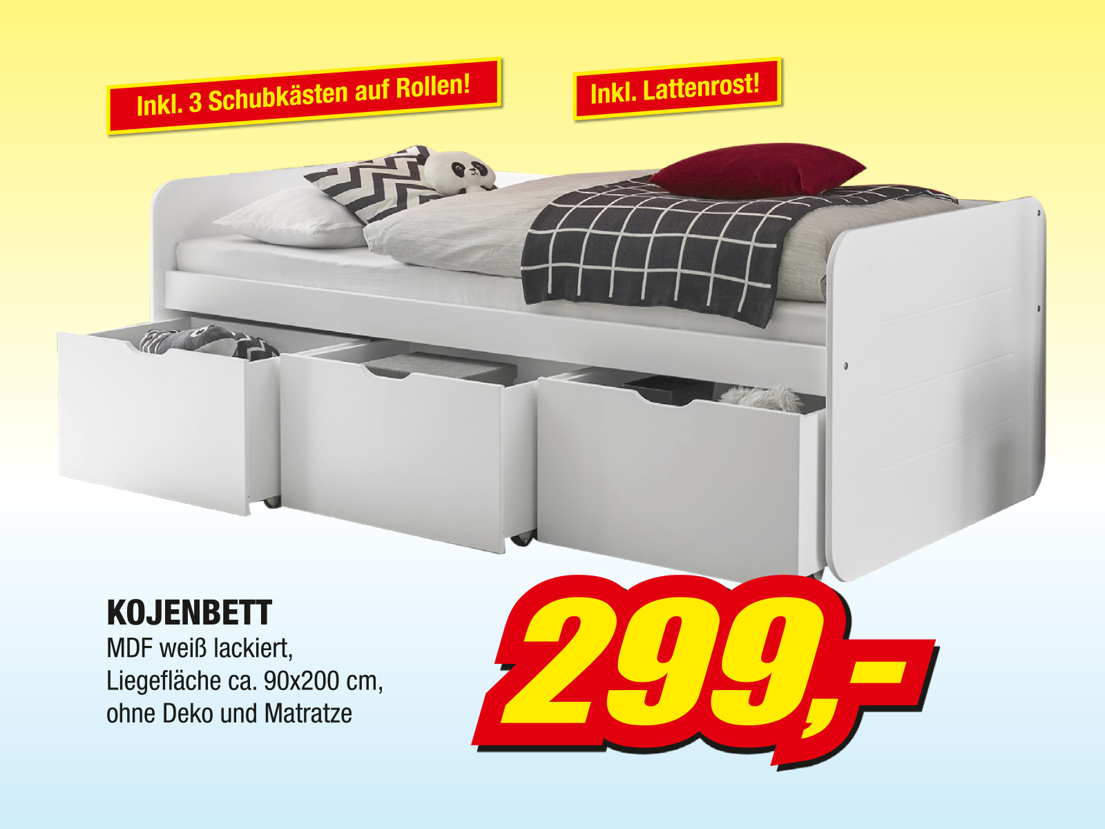 Kojenbett Mdf Weiss Lackiert Inklusive 3 Schubkaesten Auf Rollen Und Lattenrost
