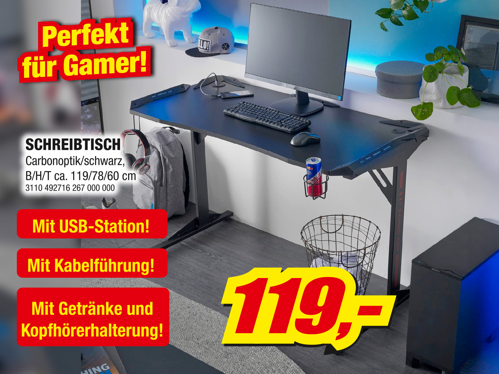 Schreibtisch Perfekt Fuer Gamer Carbonoptik Schwarz Mit Usb Station Kabelfuehrung Getraenke Und Kopfhoererhalterung