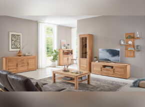Vollholzmoebel Eiche Massiv Wohnzimmerprogramm Mit Sideboard Sekreataer Vitrine Lowboard Haengeregal Couchtisch 02080006