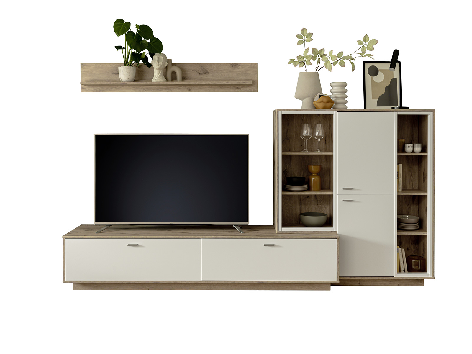 Wohnwand Front Soft White Mit Tv Lowboard Und Wandboard Und Angesetzter Vitrine 15530784
