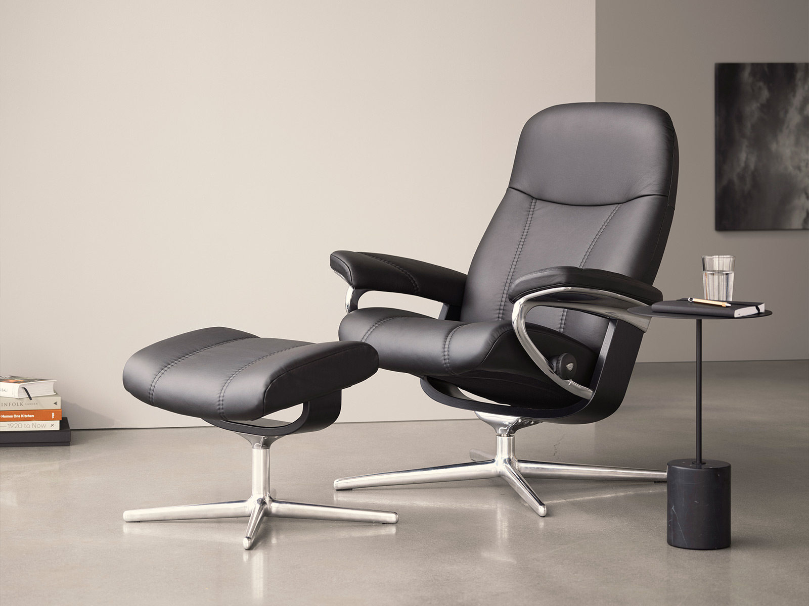 Stressless Sessel Consul Mit Hocker Alu Gestell Cross Echt Lederbezug Batick Black 1315